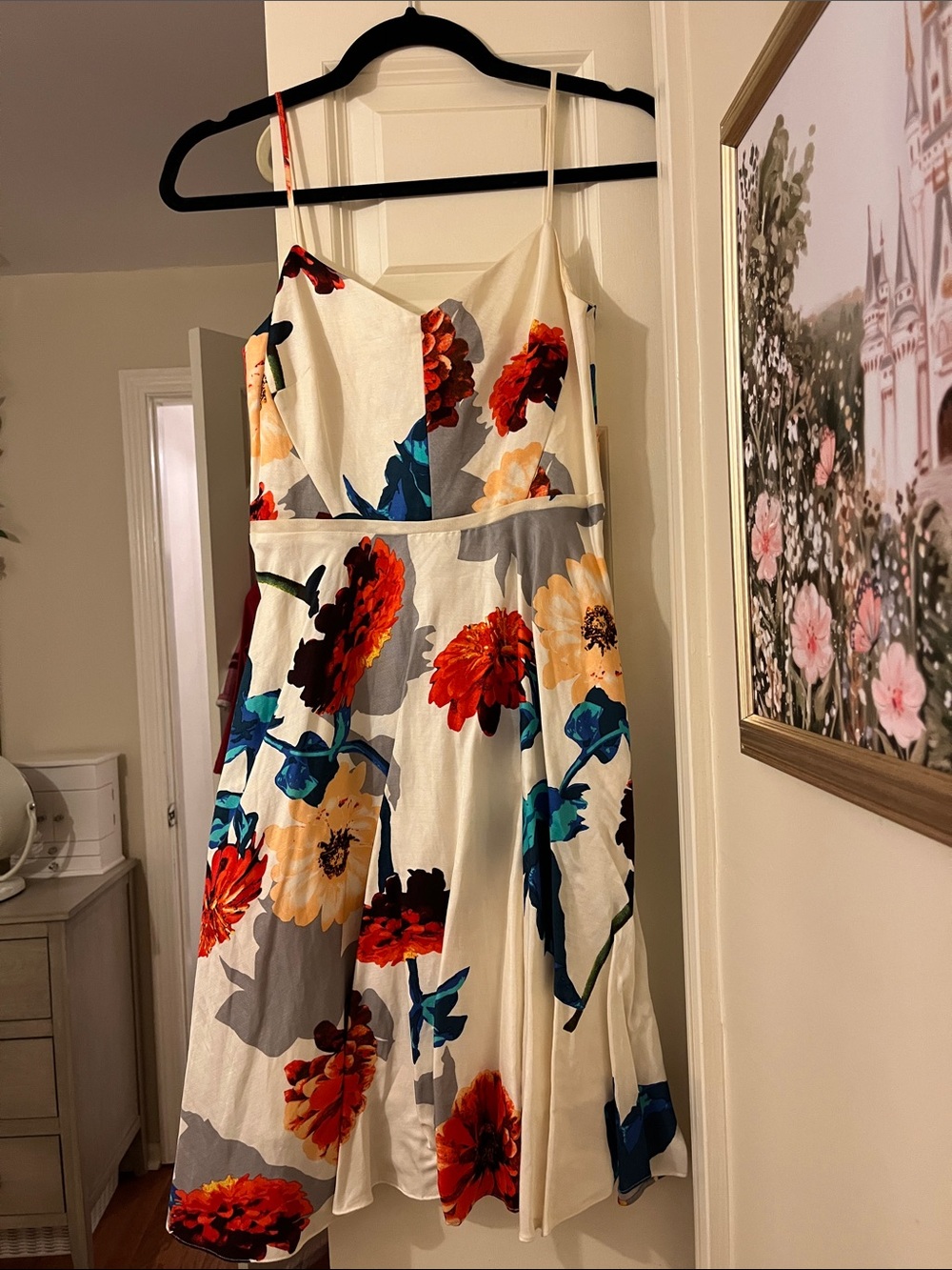 Banana Republic Ivory Midi Dress with Red & Blue Floral Print